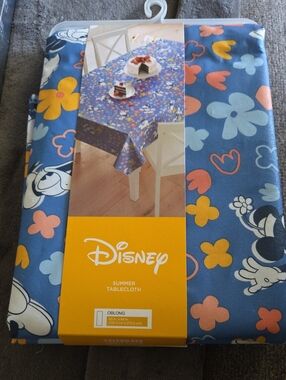Disney Blue Floral Mickey Tablecloth with Yellow & Pink Accents